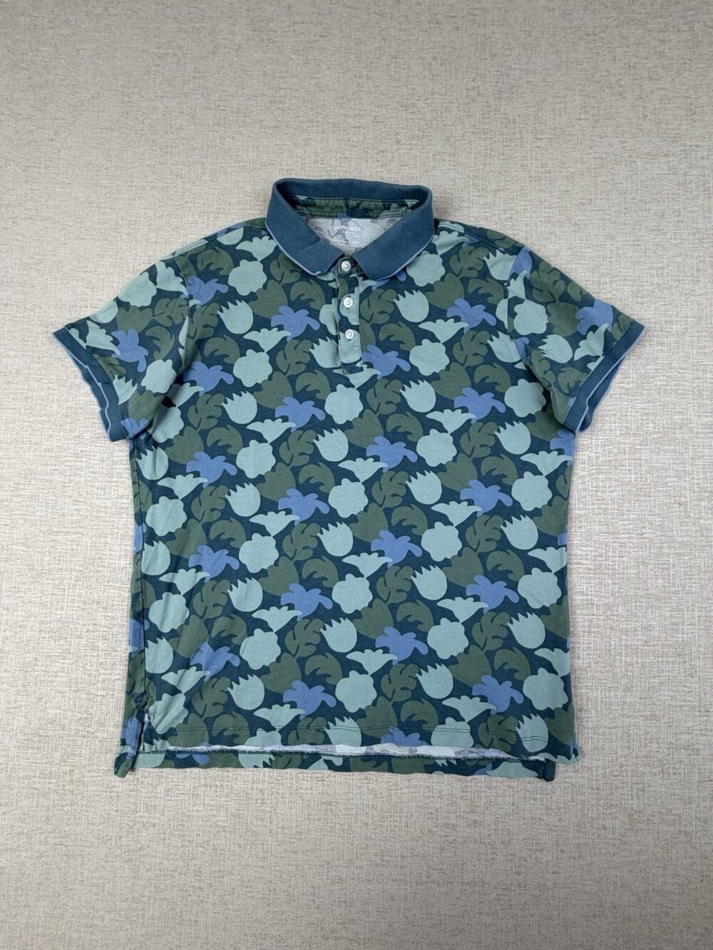 Bonobos Slim Fit Large Tropical Floral Polo Shirt Blue Green Cotton Stretch